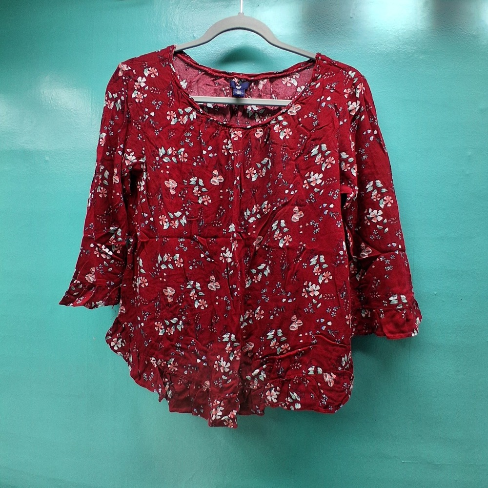 Gap Floral Ruffle Blouse Small Red Boho Cottagecore 3/4 Sleeve Rayon Top